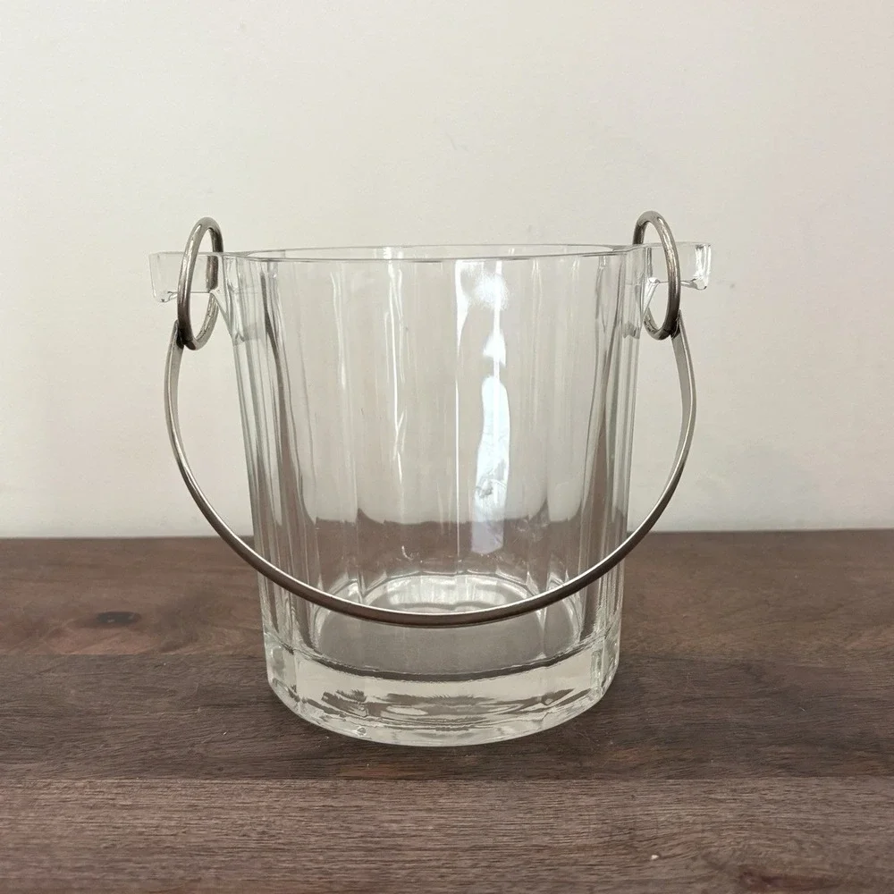 Vintage Faceted Glass Ice Bucket Handle Mid Century Heavy Paneled Barware Wine
